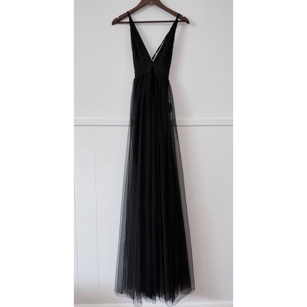 Black Tulle Maxi Dress Plunge Halter Open Back Slit Prom Evening Luxxel S NWT - Picture 3 of 11